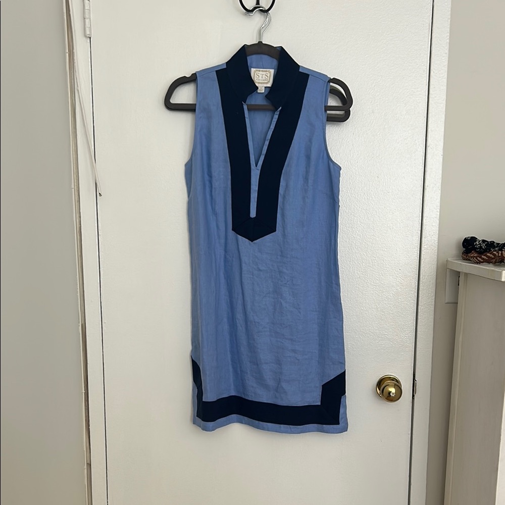 Chic Blue Dress with Black Trim